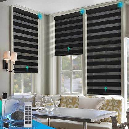 DENFOON Motorized Zebra Blinds, Solar Powered Dual Layer Automatic Shades with Remote Control, Rechargeable Smart Blinds Horizontal Wireless Electric Shades for Windows. Black， 24 x 72