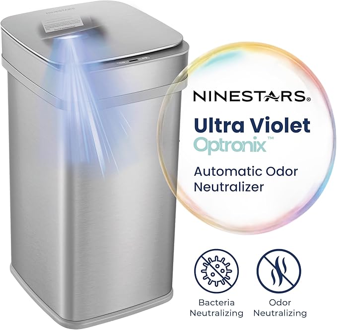 Ninestars 13 Gallon Odor Neutralizing Smart Trash Can, UV + Ozone Dual Purification, Odor Control Motion Sensor Garbage Bin, Universal Power Adapter, ONT-50-82SL Stainless Steel, Silver, Nova Series