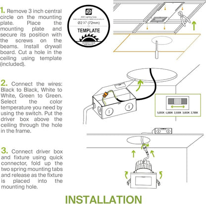 ASD 2 Inch LED Recessed Lighting with Junction Box, 8W 600 Lm, Dimmable Anti-Glare Downlight, 2700K/3000K/3500K/4000K/5000K Selectable, CRI 90+, Square White Trim, IC Rated, ETL, Energy Star, 18 Pack
