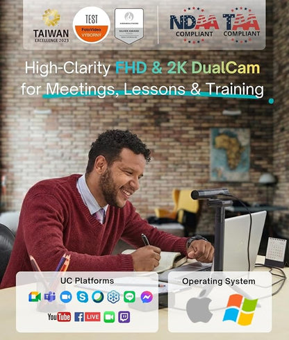 AVerMedia PW313D DualCam 2K Document Camera and Webcam for PC/Mac/Laptop, Autofocus, AI Noise Reduction, Online Teaching, Works with Zoom/Teams/Google Meet, Includes Tripod, TAA/NDAA Compliant