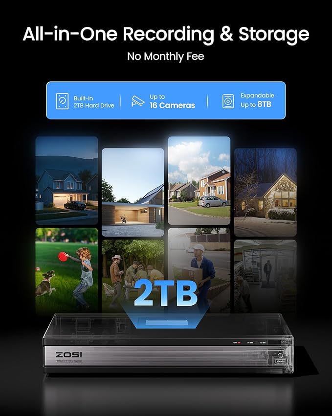 ZOSI H.265+ 1080p 16 Channel Security Camera System, 16CH DVR with AI Human Vehicle Detect, 12 x 2MP Weatherproof Surveillance CCTV Bullet Dome Camera Outdoor, Night Vision, Remote Access, 2TB HDD