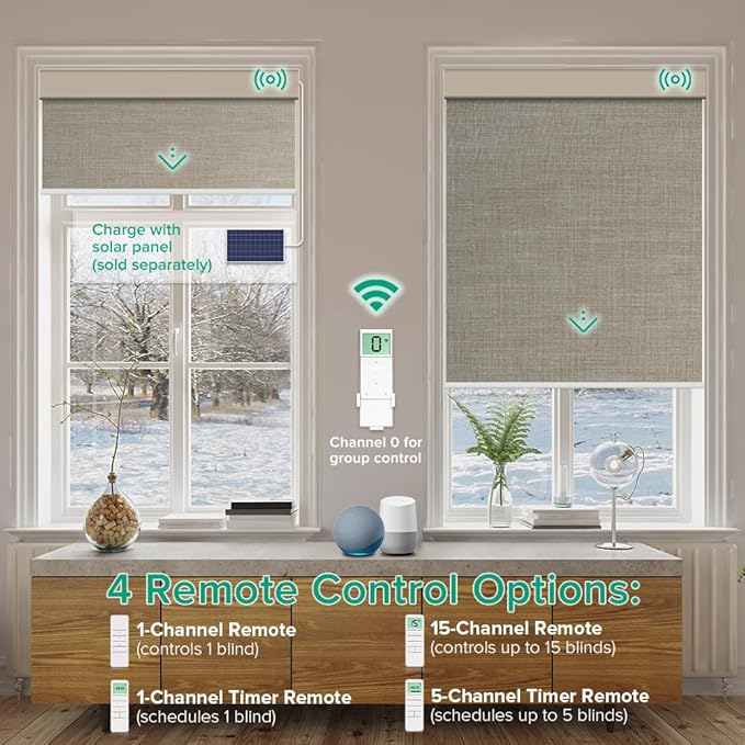 Motorized Roller Shades, 10O% Blackout Remote Control Custom Window Shades Compatible with Alexa Google Assistant via RF Hub, Rechargeable Electric Blinds for Windows (Fabric Dark Coffee)