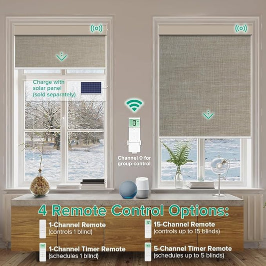 Motorized Roller Shades, 10O% Blackout Remote Control Custom Window Shades Compatible with Alexa Google Assistant via RF Hub, Rechargeable Electric Blinds for Windows (Fabric Dark Coffee)
