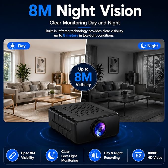 Hidden Camera, HD WiFi Mini Spy Camera with Motion Detection, Night Vision, Instant Alerts, Multi-User Sharing, Supports 128GB Micro SD Card for Home Security & Pet Monitoring