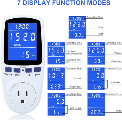 2 Pack Watt Meter Power Meter Plug Home Electricity Usage Monitor with 1 Cord, Electrical Usage Monitor Consumption, Energy Voltage Amps Kill Meter with Backlight, Overload Protection, 7 Modes Display