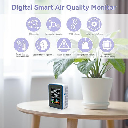 5-in-1 Air Quality Monitor Indoor, Professional Portable Detector & Accurate CO2, TVOC, HCHO, Humidity& Temperature Particle Counter, for Home, Office, School, Hotel, Car Air Quality Tester (White)
