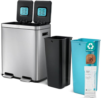 Home Zone Living 16 Gallon Kitchen Trash Can with Dual Compartments for Recycling and CleanAura for Odor Control, Stainless Steel, 60 Liters Total