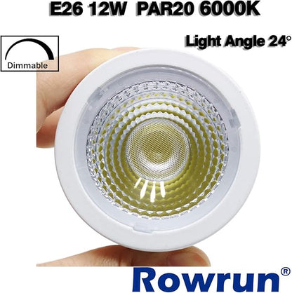 PAR20 LED Bulb 12W Dimmable 6000K Daylight White, COB Spotlight 24° Beam Angle, 1200LM 100W Equivalent, E26 Base for Recessed Lighting, Track Lights, Flood Lamps, (2-Pack)