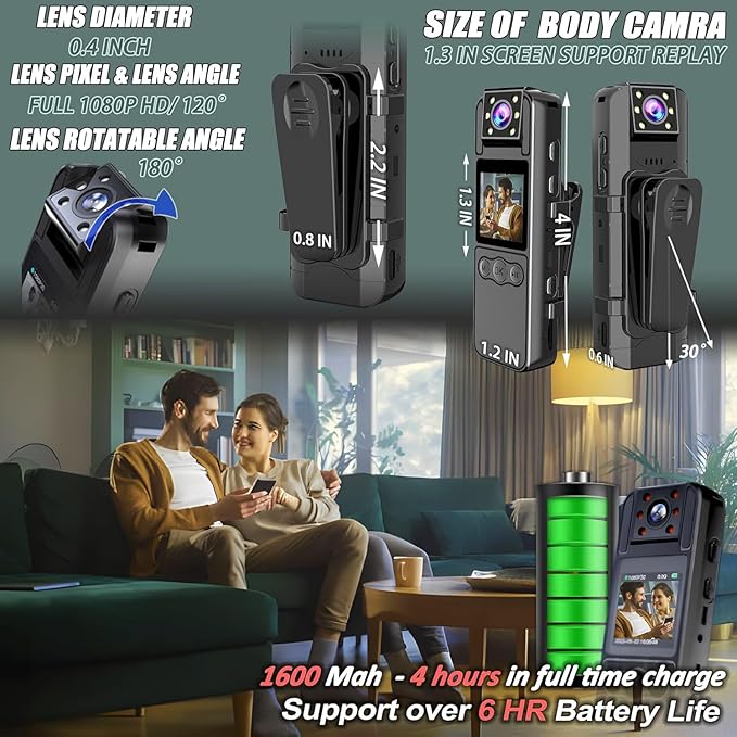 Body Camera with Audio and Video Recording, HD 1080P Body Cam with 180° Rotating Lens, IR Cut Auto Night Vision, 6HR Battery, 128GB Body Worn Camcorder Personal Police (128G HD 1080P)