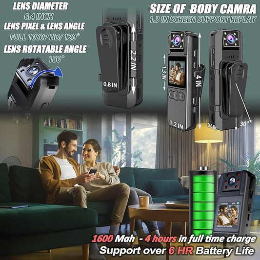 Body Camera with Audio and Video Recording, HD 1080P Body Cam with 180° Rotating Lens, IR Cut Auto Night Vision, 6HR Battery, 128GB Body Worn Camcorder Personal Police (128G HD 1080P)