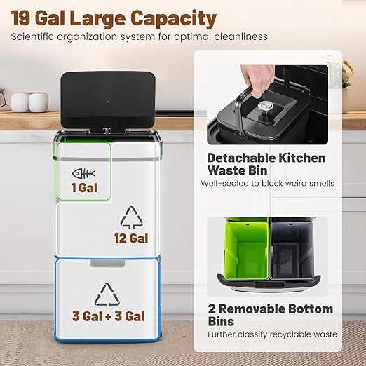 Goplus 19 Gal Motion Sensor Trash Can, 72 L Volume in 4 Containers, Touchless Trash Bin w/Kitchen Waste Bin & 2 Bottom Recycling Bins, Stainless Steel Garbage Can w/Soft Close Lid, Battery Operated