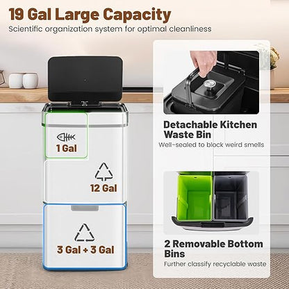 Goplus 19 Gal Motion Sensor Trash Can, 72 L Volume in 4 Containers, Touchless Trash Bin w/Kitchen Waste Bin & 2 Bottom Recycling Bins, Stainless Steel Garbage Can w/Soft Close Lid, Battery Operated