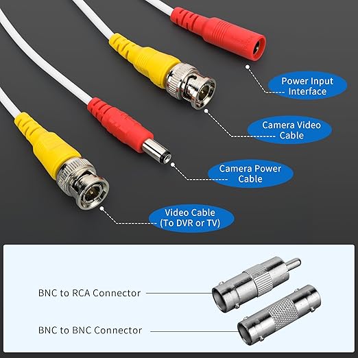 1 Pack 25ft White BNC Video Power Cable Security Camera Cable Wire Cord for CCTV DVR Surveillance System with Connectors (BNC Female and BNC to RCA) (White, 25FT)