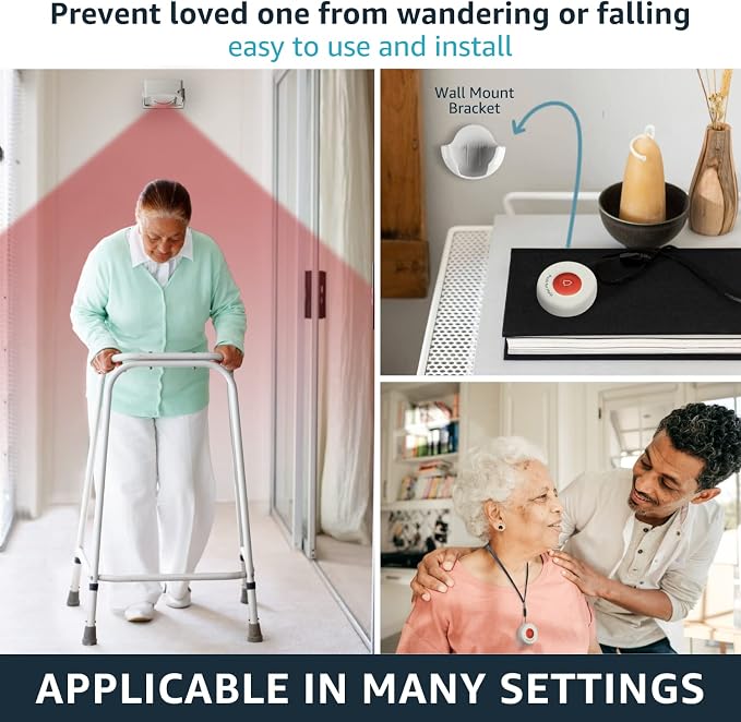 2 Caregiver Pagers with 2 Call Buttons & 1 Motion Sensor for Elderly at Home, Bed Exit Fall Prevention Alarm, Must BE PAIRED to Pager to Function