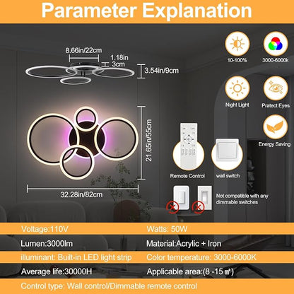 Modern LED Ceiling Light, 50W 4 Ring Flush Mount RGB Fixture | Black Ceiling Light Fixture with Remote, Dimmable 3000K-6000K, 10%-100% Brightness, RGB Backlight for Bedroom Living Room