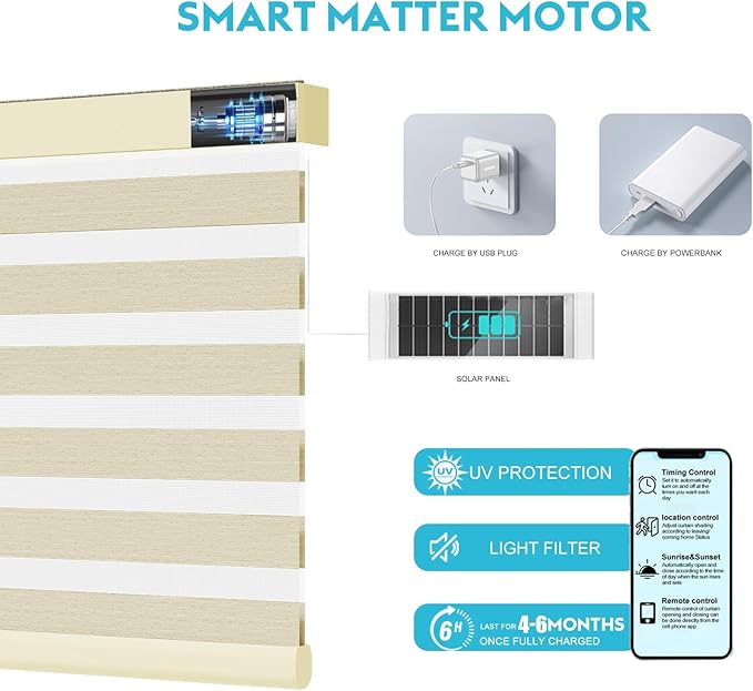 Motorized Zebra Blinds with Remote, Work with HomeKit Alexa, Smart Light Filtering Horizontal Automatic Electric Window Shades for Home Office Customsize（90% Blackout Beige）