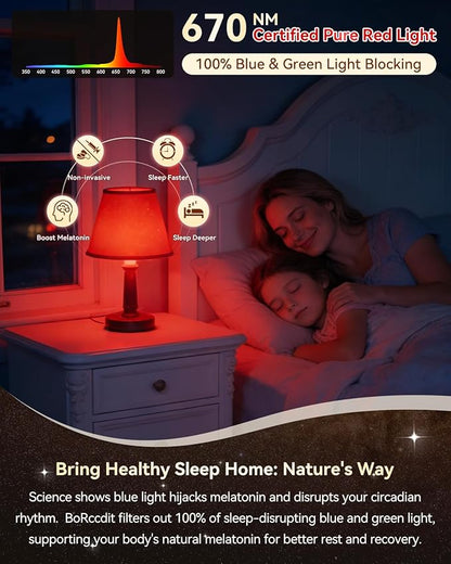 BoRccdit 670nm Red Light Bulbs for Sleep, Lab-Certified Deep Red Light Bulb 100% Blue Light Blocking, A15 7W Dim Red LED Night Light Bulb for Bedroom, Baby Nursery, Read (8PK, White Shell, Red Glows)