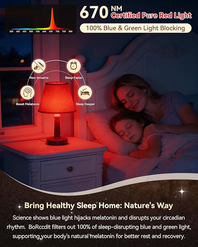BoRccdit 670nm Red Light Bulbs for Sleep, Lab-Certified Deep Red Light Bulb 100% Blue Light Blocking, A15 7W Dim Red LED Night Light Bulb for Bedroom, Baby Nursery, Read (2PK, White Shell, Red Glows)
