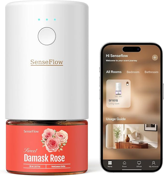 Essential Oil Diffuser for Home, Smart Waterless Aromatherapy Diffuser SF101S Pro, Plug in Room Scent with Timer & 120-Day Natural Aroma – Free 30ml Damask Rose (Tomato Red)