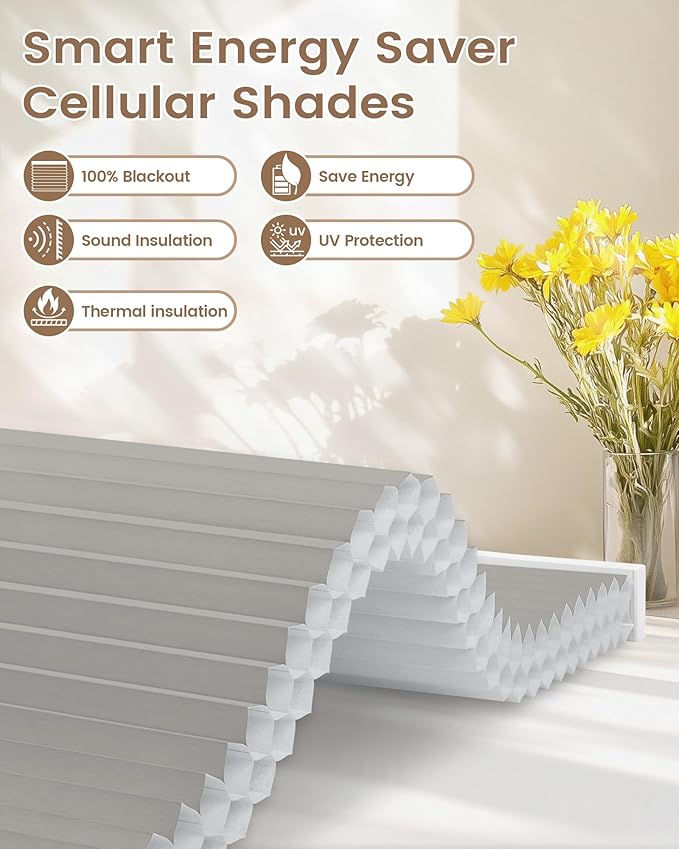 Kincmo Motorized Cellular Shades, Custom Motorized Blinds with Remote, Cordless Smart Electric Honeycomb Blinds Work with Apple HomeKit, Alexa, Google (100%-Blackout-Double-Cell Grey)