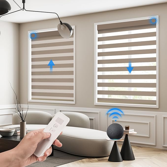 Motorized Zebra Blinds Compatible with Alexa Smart Dual Layer Shades with Control Remote Roller Blinds Automatic Shades for Smart Home and Office Customized Size (95% Shading - Luxury Coffee)