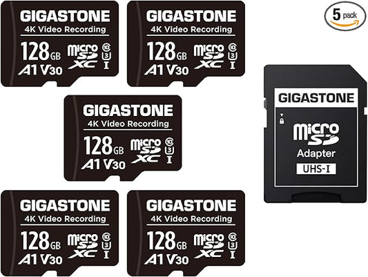 GIGASTONE 128GB Micro SD Card 5-Pack, A1 V30 4K Video Recording, Compatible with Security Camera, Dash Cam, Drone, 100MB/s MicroSDXC Memory Card UHS-I, with Adapter