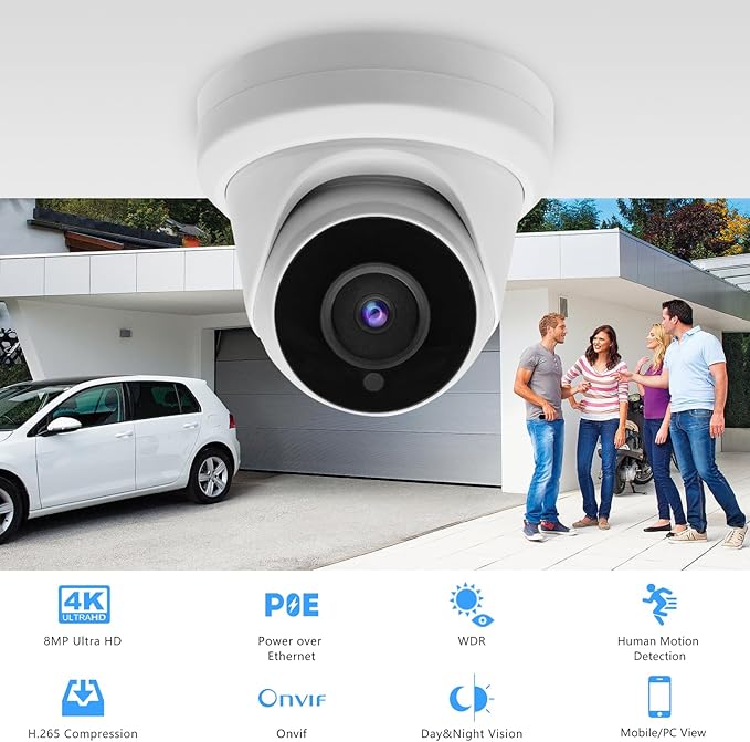 8MP 4K IP PoE Turret Camera Outdoor, H.265 PoE IP Security Dome Camera with 80ft Night Vision, 2.8mm Lens, 105° Wide Angle, Built-in Mic, WDR, Compatible with Third-Party NVRs and Software