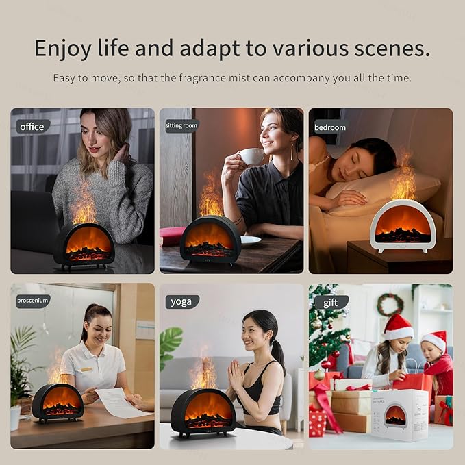 Fireplace Flame Essential Oil Diffuser - 7 Color Ultrasonic Aromatherapy Humidifier with 7-Mode Running Lights, Remote Control, 3 Timer, 200ml Noiseless for Home Bedroom Office (Black)