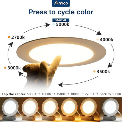 Amico 6 Pack 6 Inch Press to Select 5CCT Ultra-Thin Recessed Light with Junction Box, 2700K/3000K/3500K/4000K/5000K Selectable, 12W=110W, 1050LM High Brightness, Dimmable Wafer Downlight-ETL&FCC