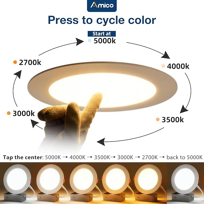 Amico 1 Pack 6 Inch Press to Select 5CCT Ultra-Thin Recessed Light with Junction Box, 2700K/3000K/3500K/4000K/5000K Selectable, 12W=110W, 1050LM High Brightness, Dimmable Wafer Downlight-ETL&FCC