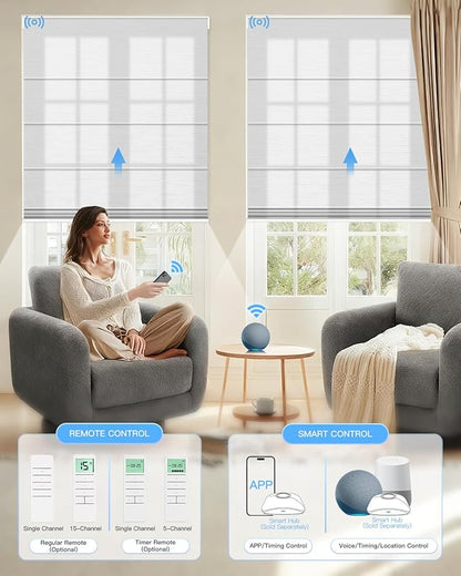 Motorized Roman Shades for Windows, Custom Light Filtering Roman Blinds with Remote, Smart Privacy Window Shades for Living Room Kitchen Office, Alexa & Google Home Compatible, App Control via RF Hub