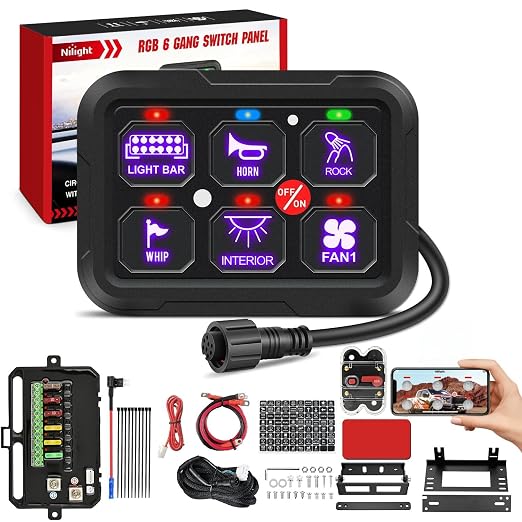 Nilight 6 Gang Switch Panel Relay System w/APP Control Automatic Dimmable | RGB Backlight Panel Circuit Control 1-side Output Fuse Wiring Harness ON Off LED Switch Pod for 12V 24V Car Truck Camper SUV