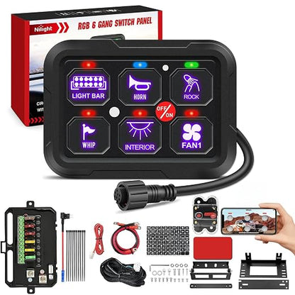 Nilight 6 Gang Switch Panel Relay System w/APP Control Automatic Dimmable | RGB Backlight Panel Circuit Control 1-side Output Fuse Wiring Harness ON Off LED Switch Pod for 12V 24V Car Truck Camper SUV
