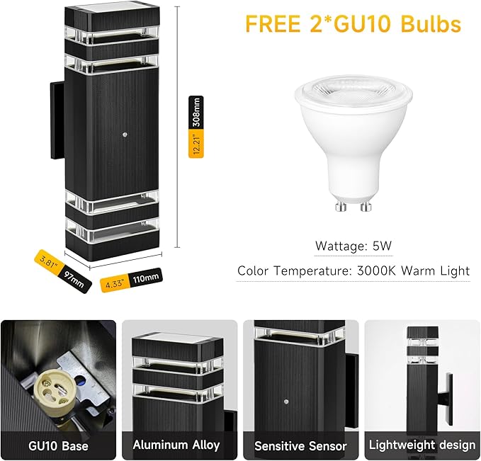 CANMEIJIA Dusk to Dawn Outdoor Sconce Lights 2 Packs,GU10 3000K Exterior Wall Light IP65 Waterproof Aluminum Outdoor House Lights Wall Mount for House Garage Patio Garden