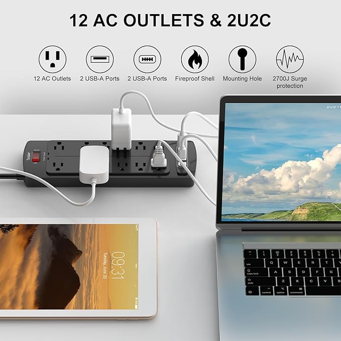 20 Ft Extension Cord Power Strip, Teiobar Surge Protector with 12 AC Outlets and 4 USB Ports for Home, Office, Dorm Essentials, 1875W/15A, 2700 Joules, ETL Listed, Black