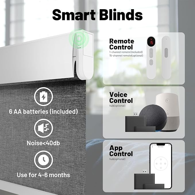Motorized Blinds with Remote, Blackout No Drill Cordless Smart Roller Shades, Automatic Blinds for Windows, Grey,31" W x 72" H