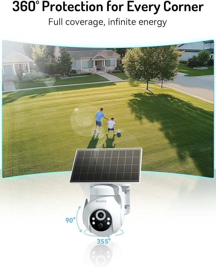 blurams 2Pack Solar Outdoor Camera Wireless, 2K 360° PTZ Security Cameras Wireless Outdoor with Human Auto Tracking, IR/Color Night Vision, Battery Powered, 2.4GHz Only