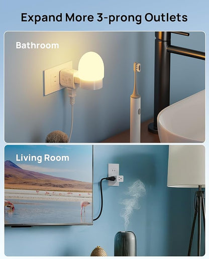 TROND 2 Prong to 3 Prong Outlet Adapter, Multi Plug Wall Outlet Extender, 3 Way Plug Splitter, Horizontal Wall Expander for Non-grounded Socket for Old Home Office Hotel Cruise Travel, 2 Pack, White