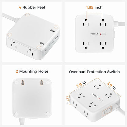 TESSAN Dual Surge Protector Power Strip, 5 Ft Extension Cord Flat Wall Plug with 4 USB (2 USB C) 8 Outlets, 2100J Surge Protection, 20W Multiple Charging Station for Home, Office, College, Dorm, Grey