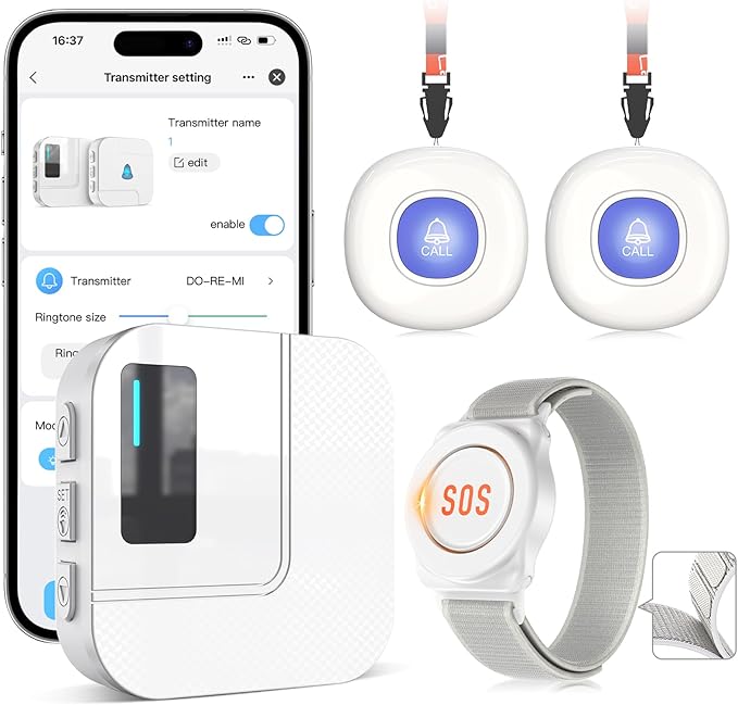 CallToU Wi-Fi Wireless Caregiver Pager Call Button for Elderly at Home , APP Emergency Alert for Seniors, Patients, and the Disabled with 2 Call Button, 1 Watch Button, 1 Receiver (2.4GHz Wi-Fi)