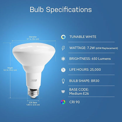 Feit Electric BR30 Smart LED Light Bulb, 60W Equivalent, Tunable White, Wi-Fi Enabled, Alexa & Google Home Compatible, E26 Base, 90+ CRI, Non-Dimmable, 800 Lumens, 25,000-Hour Lifetime, BR30/CCT/CA/AG