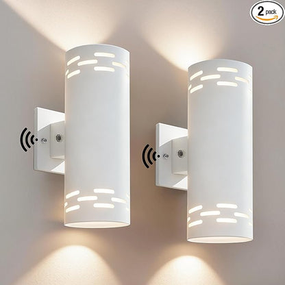 Dusk to Dawn Modern Outdoor Wall Lights 2 Pack, 12'' Up and Down LED Cylinder Exterior Lighting Fixtures, 23W 3000K IP65 Waterproof Wall Sconces for House, Garage, Patio, Porch, White