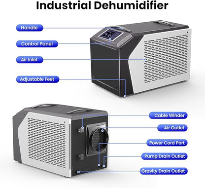 Industrial Commercial Dehumidifier with Pump, Crawl Space Dehumidifier with 180 Pints, Drain Hose, Smart LED Dehumidifier Display for Basement, Garage, Home, Cover Up to 8000Sq Ft