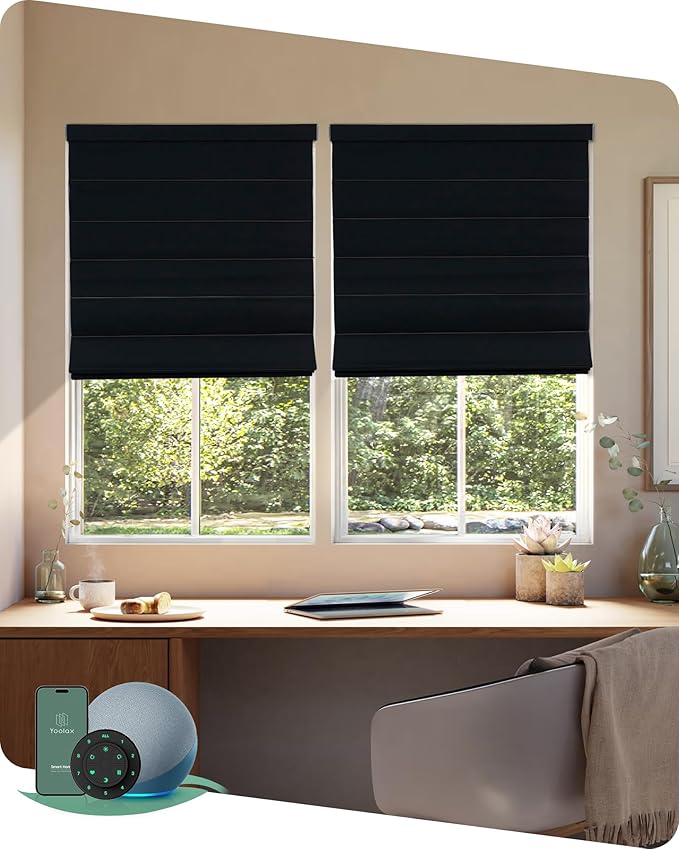 Yoolax Motorized Roman Shades with Remote, Smart Roman Shades for Indoor Windows, Blackout Automatic Blinds Work with Alexa, Google, Apple Homekit for Living Room Bedroom, Customized (Midnight Stripe)