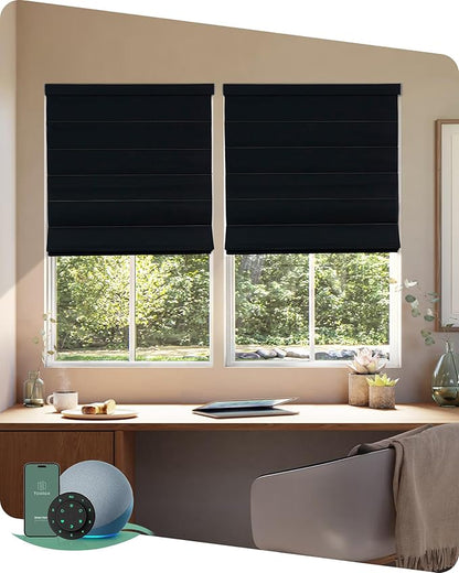 Yoolax Motorized Roman Shades with Remote, Smart Roman Shades for Indoor Windows, Blackout Automatic Blinds Work with Alexa, Google, Apple Homekit for Living Room Bedroom, Customized (Midnight Stripe)