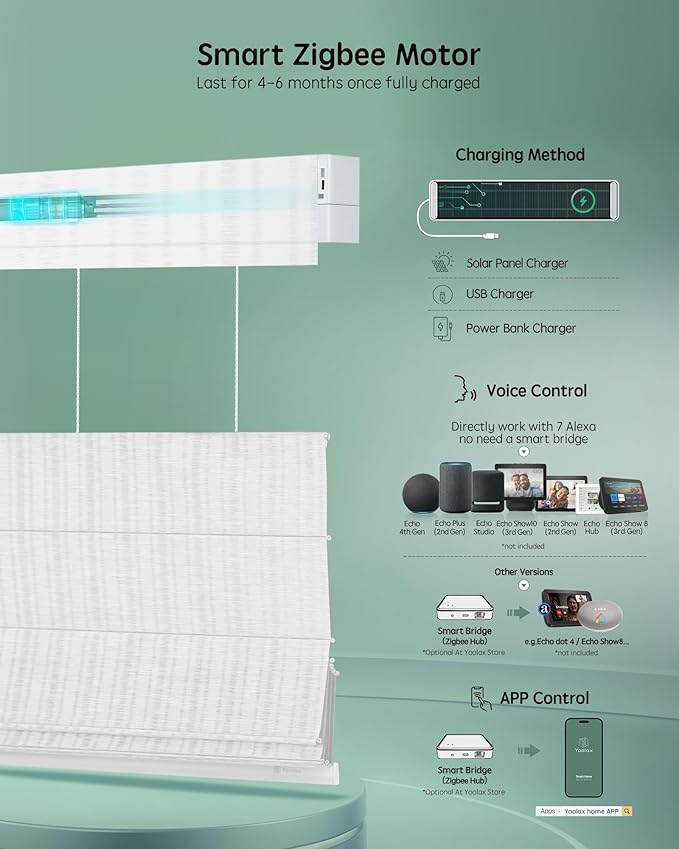Yoolax Smart Top Down Bottom Up Roman Shades, Motorized Roman Shades with Remote, Smart Blinds Compatible with Alexa Google for Living Room Office, Customized, Semi Sheer Strip White