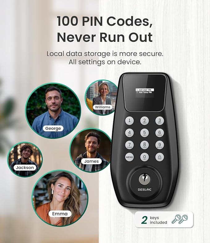 DESLOC C100 Keyless Entry Door Lock with Visual Display, Auto Lock | Create 100 Customizable User Codes and 4 One-Time Codes, 12-Month Battery, IP54, Easy Installation, BHMA Grade 3, Black