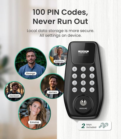 DESLOC C100 Keyless Entry Door Lock with Visual Display, Auto Lock | Create 100 Customizable User Codes and 4 One-Time Codes, 12-Month Battery, IP54, Easy Installation, BHMA Grade 3, Black