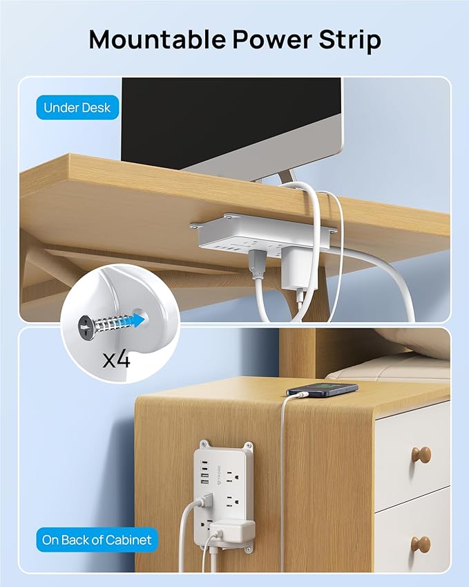 TROND 360° Rotating Plug Power Strip, 10ft Extension Cord, ETL Listed, 5 Widely-Spaced Outlets with 4 USB Ports, 1300J Surge Protection, Wall Mountable, Under Desk, for Home Office, White