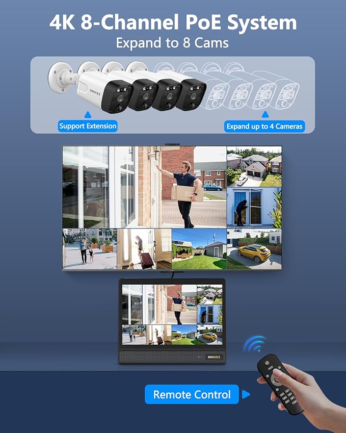 OOSSXX (2026 New) 4K PoE Security Camera System Outdoor, 8CH NVR with 10" IPS Monitor & 1TB HDD, 4 Cameras, 130° Wide Angle, AI Human Detection, Two-Way Audio, No Monthly Fee